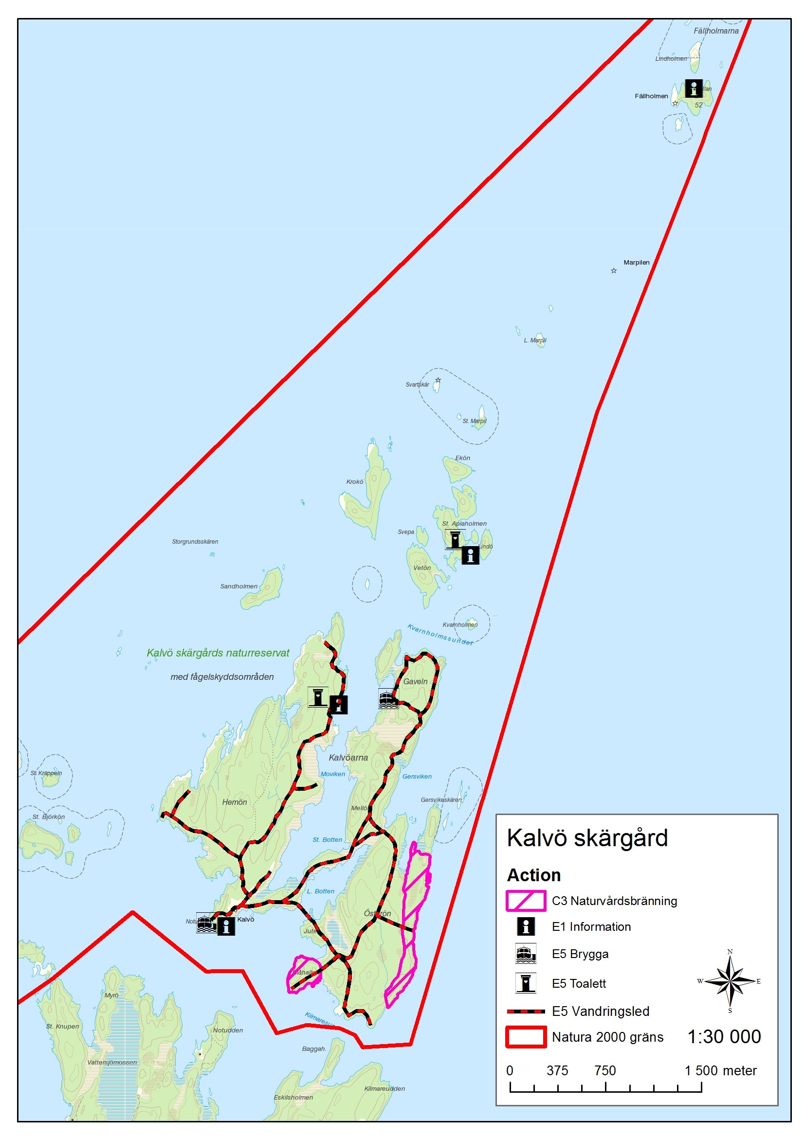 Översiktskarta av de åtgärder (actions) som ska göras inom Kalvö skärgård.