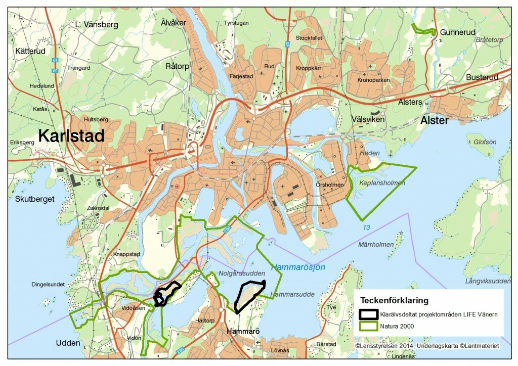 Karta över projektområdenas läge i Klarälvsdeltat