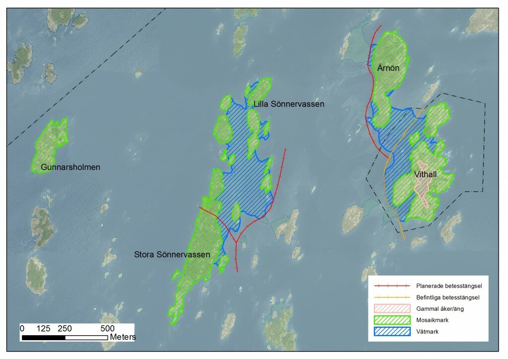 Karta över öar som ska öppnas upp och betas i projektet. Vithall har restaurerats under perioden 2011-2014